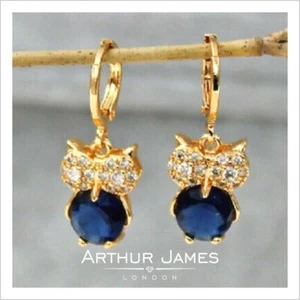 Women's Drop Earrings Owl Bird Shape Sapphire Yellow Gold Finish Fashion Jewelry - Picture 1 of 14