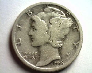 Moneda de diez centavos de mercurio 1928 fina F bonita original de monedas bobs envío rápido 99c - Imagen 1 de 2