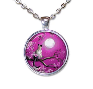 Siamese Cat on Cherry Blossom Tree Fuchsia Handmade ROUND Glass Pendant Necklace - Picture 1 of 10