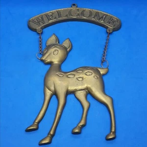 Unpolished Brass Small Welcome Sign with Baby Deer or Fawn - Vintage - Picture 1 of 5