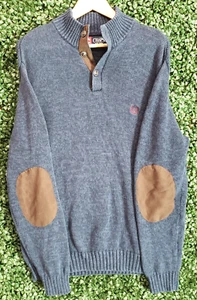 Chaps High Neck 1/4 Button Up Knit Pullover Sweater Elbow Pads Blue Men's Size L - Picture 1 of 9