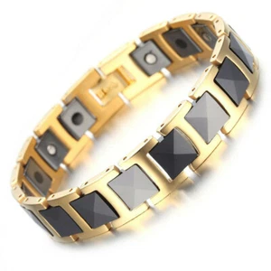 Gold Titanium Black Ceramic Magnetic Polished Bracelet Carpal Tunnel Bio Therapy - Picture 1 of 6