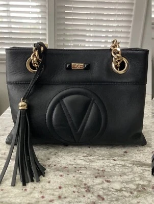 Valentino Handbag Black Leather. Gold Chain Straps. - Image 1 of 4