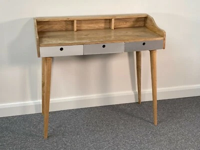 Solid Mango Wood 100cm Console Table: 3 Grey Drawers Retro Legs Rustic Unusual  - Image 1 of 4