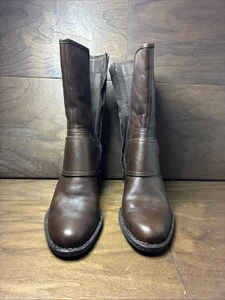 Born Cross Strap Brown Leather Boot Womens 8 Round Toe Stacked Block Heel Zip - Picture 1 of 10