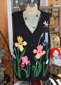 VTG 90s QUACKER FACTORY Black Floral Embroidered Vest Grandma Core 1X - Picture 1 of 8