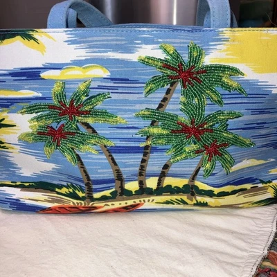 Caribbean Vacation Handbag Purse ,Beaded Palm Trees, Sand - bright colors - 13x6 - Image 1 of 4