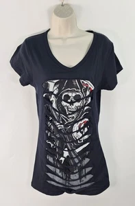SONS OF ANARCHY Reaper Layered Lazer Cut Top Women’s L Black Stretchy V-Neck - Picture 1 of 10
