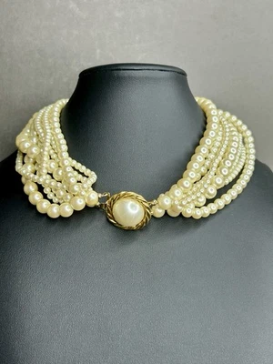Signed Carolee Vtg Torsade Choker Necklace Multi Strand Faux Pearl 16.5 - READ - Image 1 of 4