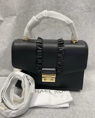 MICHAEL KORS Sloan  Medium Ruffle Leather Shoulder Bag Crossbody Black $298 NEW - Image 1 of 4