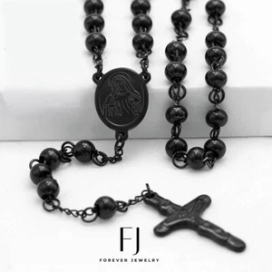 Stainless Steel 26" Black Beaded Rosary VIRGIN MARY+JESUS CROSS Necklace**BOX - Picture 1 of 2