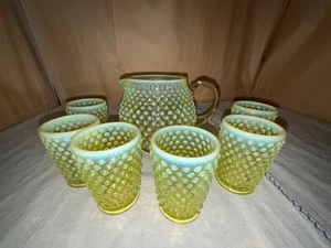 Fenton Vaseline Opalescent Hobnail 7pc Cider Set-Prelogo-Jug/6 Glasses-Uranium - Picture 1 of 15