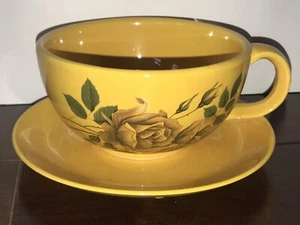 VINTAGE McCOY ART POTTERY CUP & SAUCER PLATE MUG BOWL LARGE ROSES YELLOW #137 - Picture 1 of 5