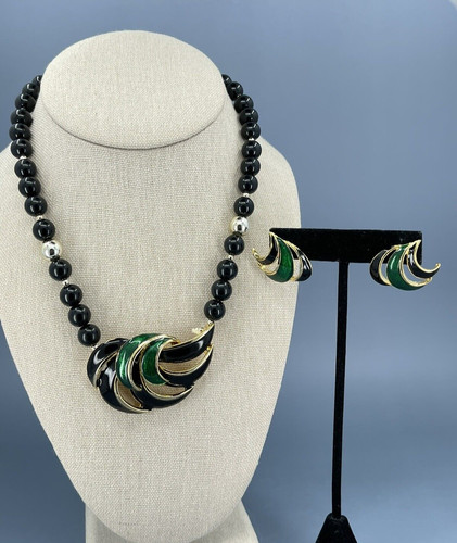 Givenchy Collana Ciondolo Orecchini Set Smalto Verde Nero Tono Oro 17"