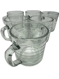 Set Of 6 Vintage Libbey Duratuff Mexico Clear Ribbed Glass Hoops Mugs MINT - Picture 1 of 6