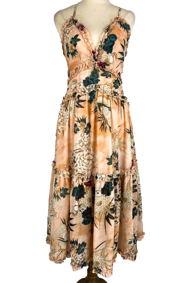Angel Biba Womens Dress 8 Peach Tiered Floral Floaty Dress - image 1 of 4