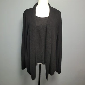 Eileen Fisher XL Black100% Wool Ribbed Sweater Set Open Cardigan/Tank Shell - Picture 1 of 13