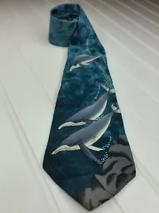 Men's 1991 WWF Silk Neck Tie Humpback Whales Ocean Sea Design 134 Made in USA - Picture 1 of 7