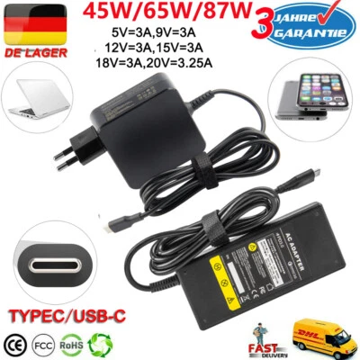 45W/65W/87W USB-C Typ-C PD Laptop Netzteil Ladegerät Ladekabel für Dell Lenovo - Bild 1 von 4