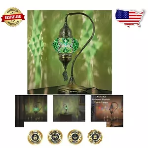 Elegant 15.5-Inch Turkish Bedside Lamp - Antique Brass with Stained Glass Shade - Picture 1 of 11
