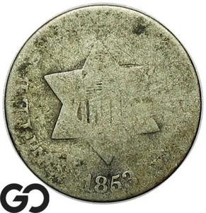 1853 Three Cent Silver Piece, Tough Type Coin - Picture 1 of 3
