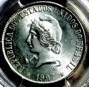 1907 BRAZIL LIBERTY CAP Silver  MS 63 PCGS OLD ANTIQUE 2000 Reis Brazilian Coin - Picture 1 of 3