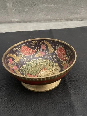 Vintage Brass Enamel Peacock Bowl Scallop Edge Pedestal Trinket Dish India - Image 1 of 4