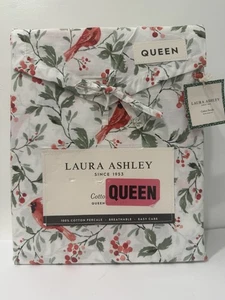 Laura Ashley Queen Cotton 4pc Bed Sheet Set Red Cardinals Holly Berry Christmas - Picture 1 of 6