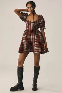 NWT $158 Anthropologie Maeve Plaid Taffeta Puff Mini Dress M - Picture 1 of 7