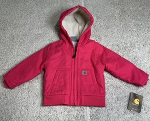 Carhartt Pink Sherpa Lined Duck Canvas Zip Up Hooded Jacket Girls Size 12 Months - Picture 1 of 9