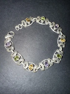 "Brazalete vintage de plata de ley 925 con múltiples piedras preciosas amatista peridoto topacio 8""" - Imagen 1 de 8