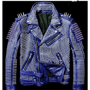 Herren BLAU Voll Silber Nieten Spikes Echt Punk Leder Gürtel Jacke Custom - Bild 1 von 2