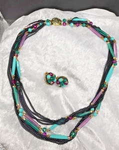 Vintage Western Germany Necklace Earrings Set Lucite Tube Chain Teal Purple 22" - Picture 1 of 16