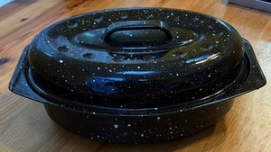 Oval Roaster 13 inch with Lid (Speckled Black) - Enamelware roasting pan - Picture 1 of 11