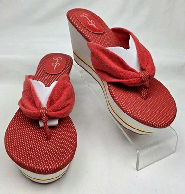 Sandalias Jessica Simpson Rojo Terry Tela Correas Cuña Plataforma Tanga WO Talla 8M Foto 1 de 4