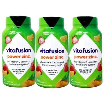 Pacote com 3 gomas Vitafusion Power zinco adulto natural morango tangerina 90 unidades - Imagem 1 de 4