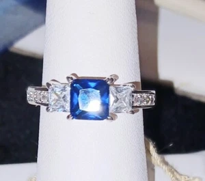 Silver Tone Plated Asscher Cut Blue & White CZ 3-Stone Ring - Picture 1 of 1