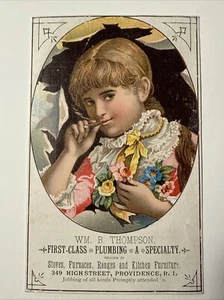 1890 Girl Smoking WM. B. Thompson Plumbing Furnaces Providence R I Trade Card - Picture 1 of 17