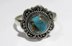 925 Silver Round Copper Turquoise 7 Petal Rope Design Ring Size 7 - Picture 1 of 4