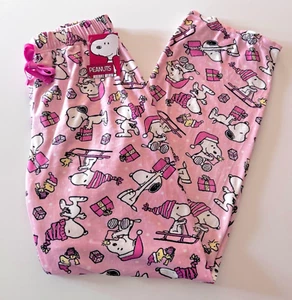 SNOOPY & WOODSTOCK SLEDDING SNOW Pink FLEECE LOUNGE PAJAMA PANTS Ladies S L XL - Picture 1 of 2