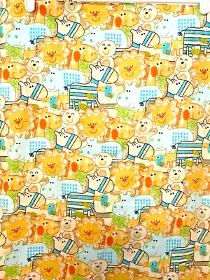 Baby Flannel Zoo Animals Yellow Blue Green Orange 1 1/3 Yard Hippo Lion Monkey - Image 1 of 4
