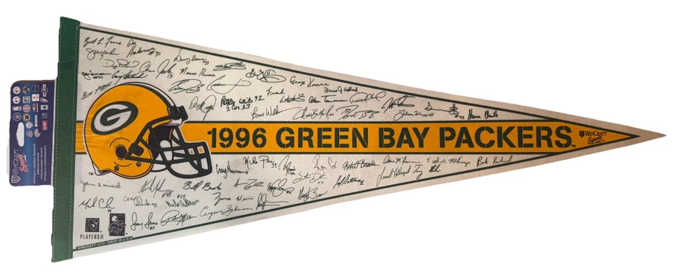 Banderín de fieltro Green Bay Packers NFL vintage 1996 nuevo con etiquetas hecho en EE. UU. autógrafos Foto 1 de 1
