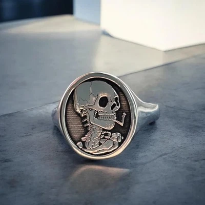 Anillo de sello con pintura de calavera de Van Gogh anillo artesanal de plata de ley 925 Foto 1 de 4