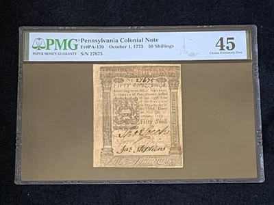1773 October 1 50 Shillings Pennsylvania Colonial Note PMG Choice XF 45 PA-170 - Image 1 of 4