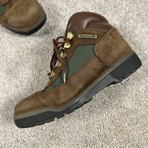 Timberland Boys Waterproof Field Boots Dark Brown Nubuck Green Hiking Size 4.5 - Picture 1 of 11