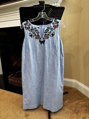 Talbots Womens Sheath Dress 6 Blue Linen Blend Embroidered Butterflies Whimsy - Image 1 of 3