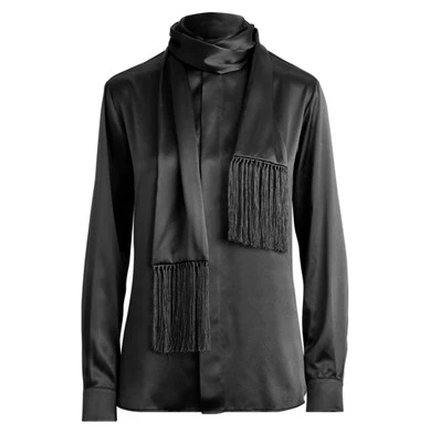 Blusa Ralph Lauren Colección Púrpura Etiqueta Satén Flecos Negra 2 Cuello Simulado Lazo Foto 1 de 4