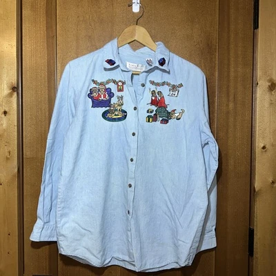 KAREN SCOTT Denim Christmas Button Up Shirt Size M Embroidered Cotton VINTAGE - Image 1 of 4