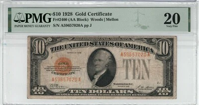 BILLETE CERTIFICADO ORO ESTADOS UNIDOS 1928 $10 - A59657020A - PMG-20 Foto 1 de 2
