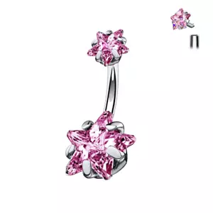 Pink Star 14G Titanium INTERNALLY THREADED PRONG SET Cz BELLY RING NAVAL BARBELL - Picture 1 of 1